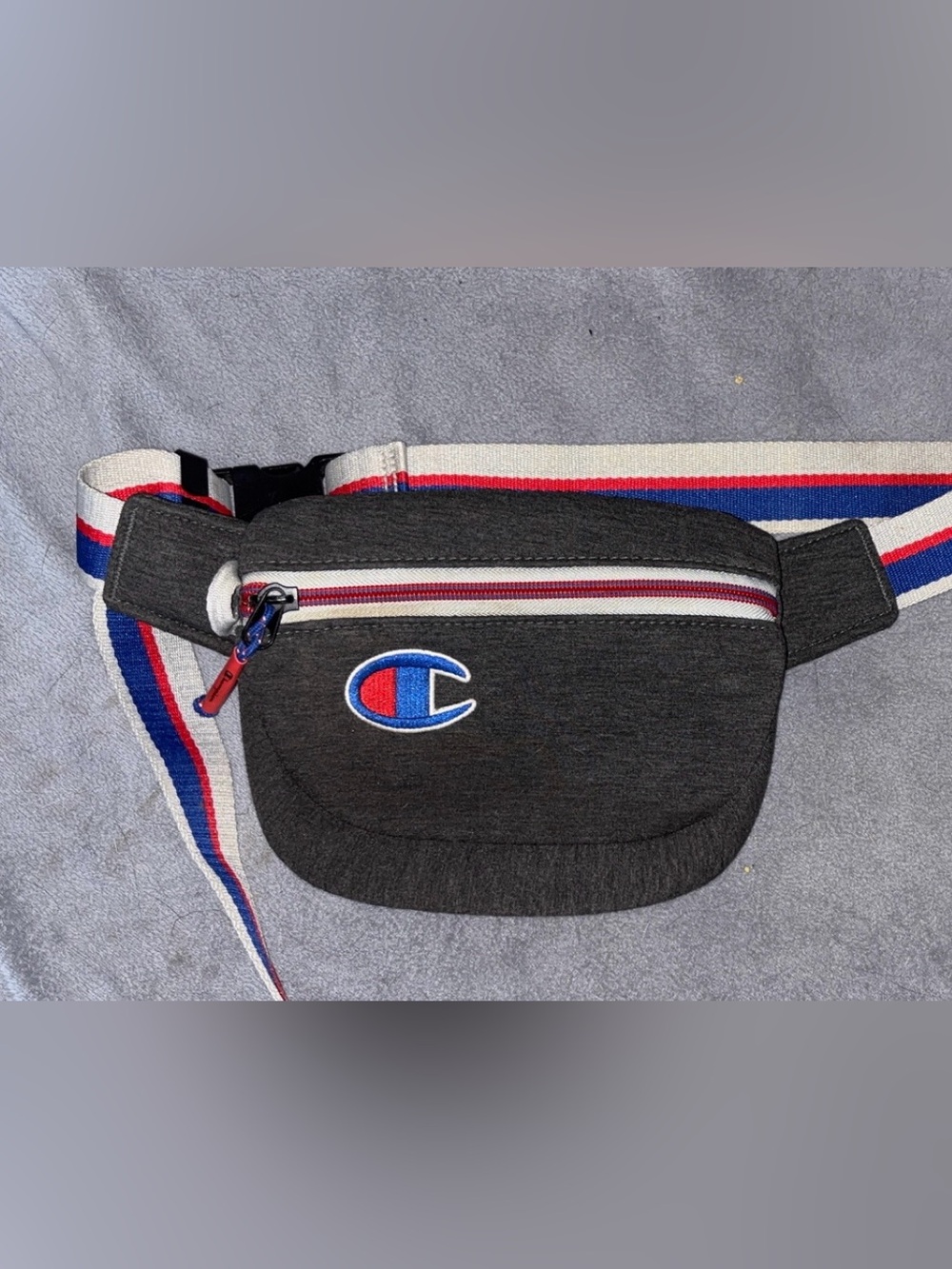 Unisex Champion Charcoal Waist Pack with Red & Blue Logo Accents
